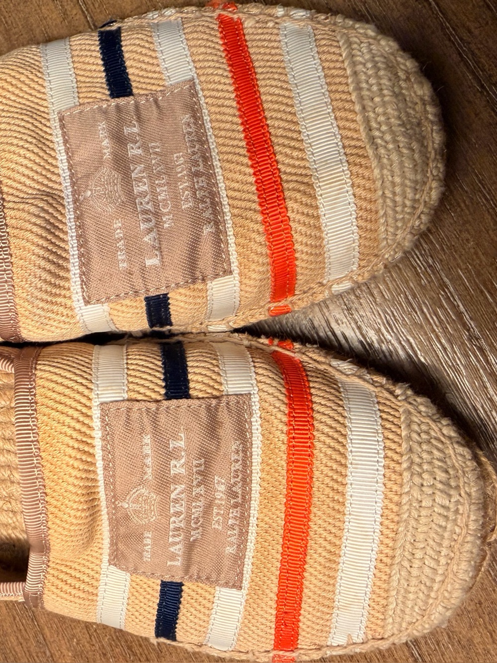 Ralph Lauren Tan Canvas Espadrilles with Navy & Cream Stripes